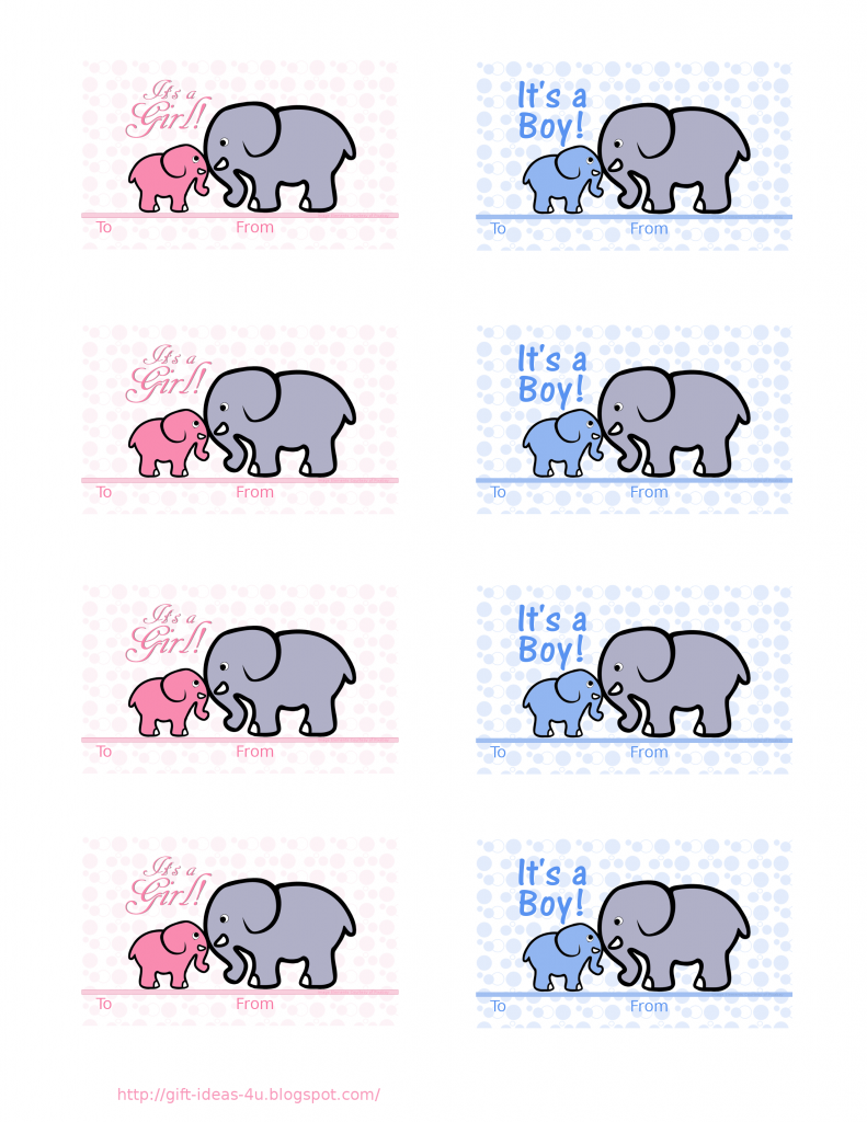 Free Printable Baby Shower Gift Tags- two cute designs, one in pink and one in blue- a mother elephant and her little one. photo ElephantPinkampBlueGiftTags.png