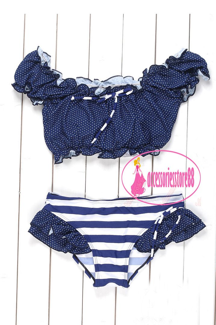 Sexy Grils 2pc Puff Sleeve Bandeau Bikini Swimsuit Ruffle Shorts Sailor