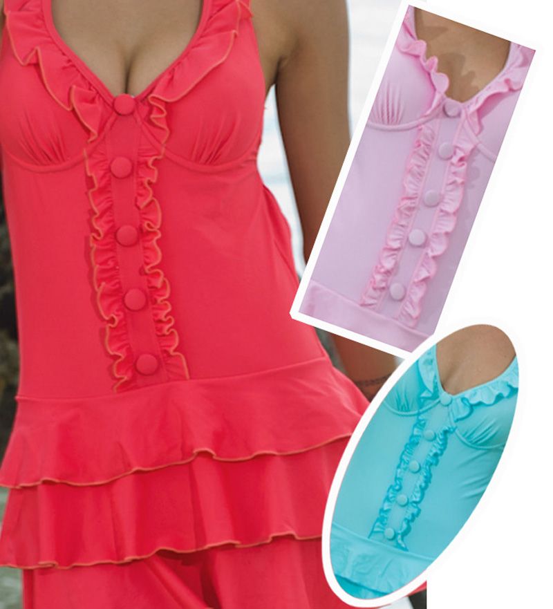 Sexy Deep V One Piece Swimsuit Swimdress Ruffle Swimwear Halter Plus