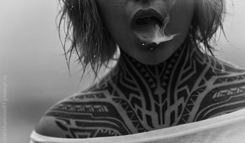 tags Black and White Tattoos Portrait Piercings Women Smoking Tribal Girls