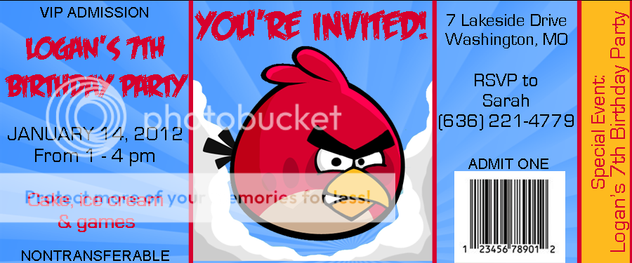 Personalized Angry Birds Ticket Style Birthday Party Invitations