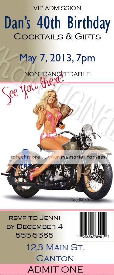 HARLEY DAVIDSON PIN UP GIRL Birthday Party Ticket Style Invitation 