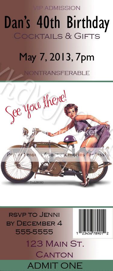 HARLEY DAVIDSON PIN UP GIRL Birthday Party Ticket Style Invitation 