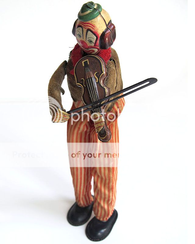 Working Tin Mechanical Wind Up Clown Happy The Violinist Vintage 1950s 