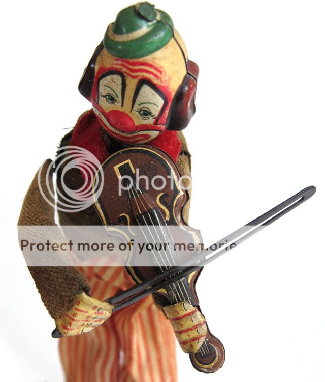 Working Tin Mechanical Wind Up Clown Happy The Violinist Vintage 1950s 