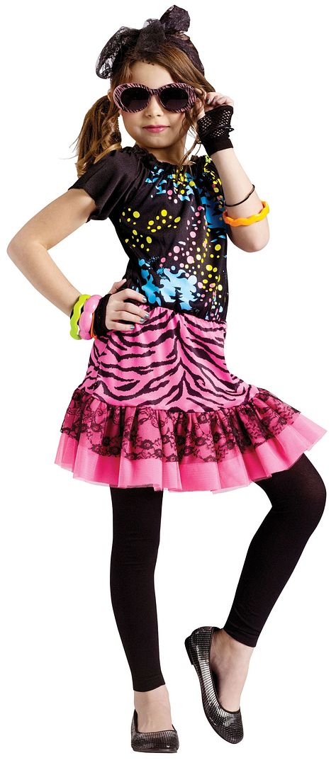 Girls Child Rockin 80s Deluxe Pink Print Rock Super Star Pop Party Costume