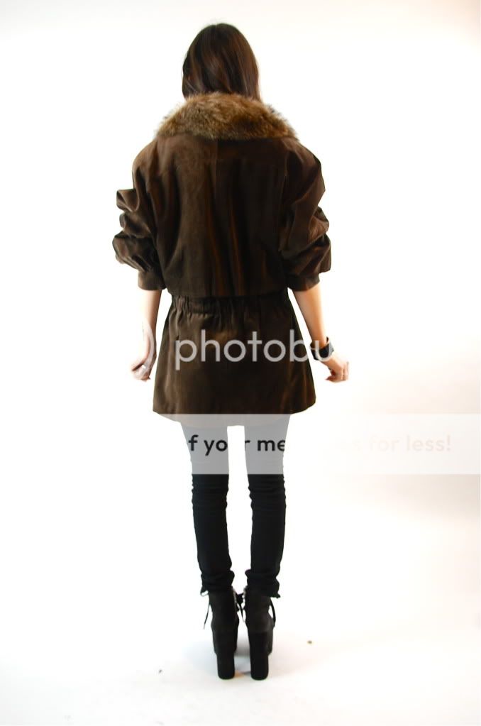 Vtg 80s Suede leather Chubby FOX FUR collar mini dress PARKA cape coat 